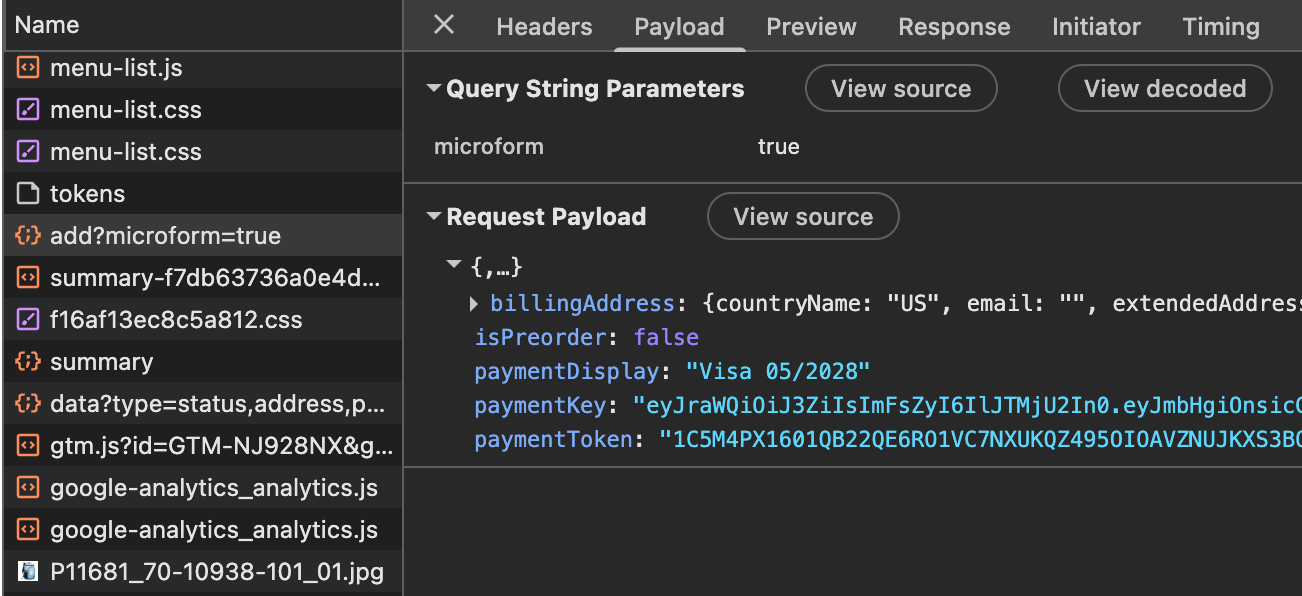 Checkout payload with the encrypted paymentKey and paymentToken