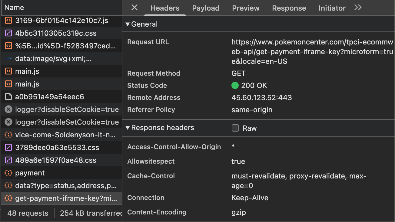 The get-payment-iframe-key request